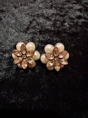 Pearl & Pink Crystal Flower Clip-On Earrings